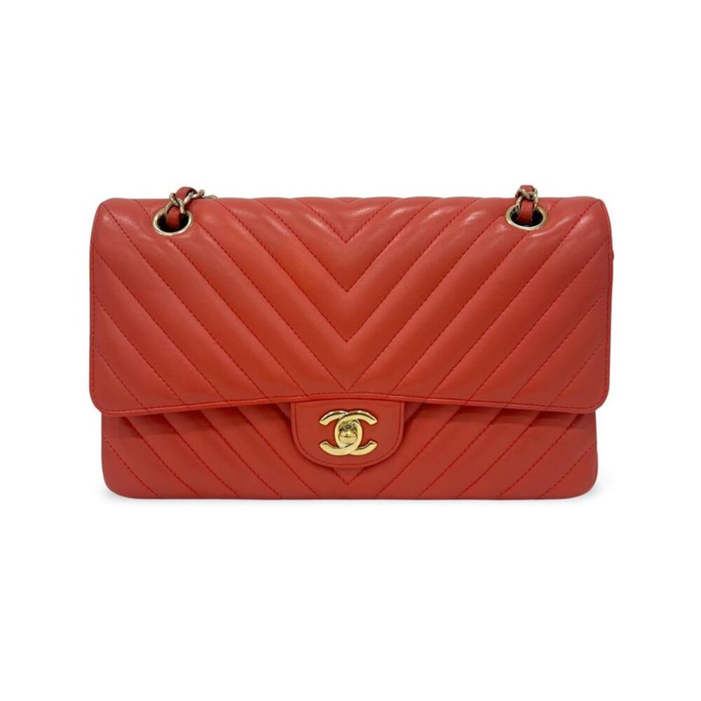 Chanel Classic Double Flap Chevron Lambskin Red Leather Handbag